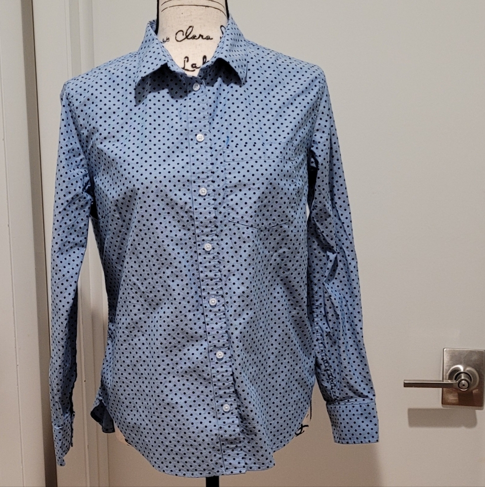 Land's End Blue Polka Dot Women's Button-Down Stretch Shirt- 12 P